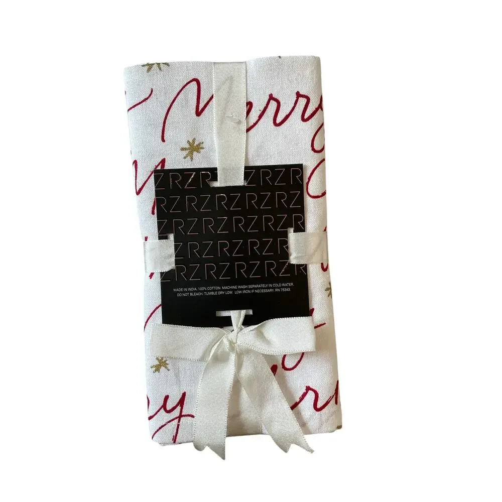 8pc Rachel Zoe Merry Christmas Script Cotton Napkins 18x18 Red Cream Holiday New